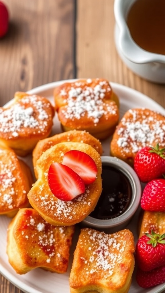A plate of crispy air fryer French toast bites with powdered sugar and strawberries, accompanied by maple syrup.